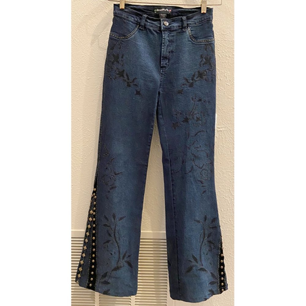 BrazilRoxx:  Ornate flare denim jeans, velvet and studs, Size 4, LONG 41" length